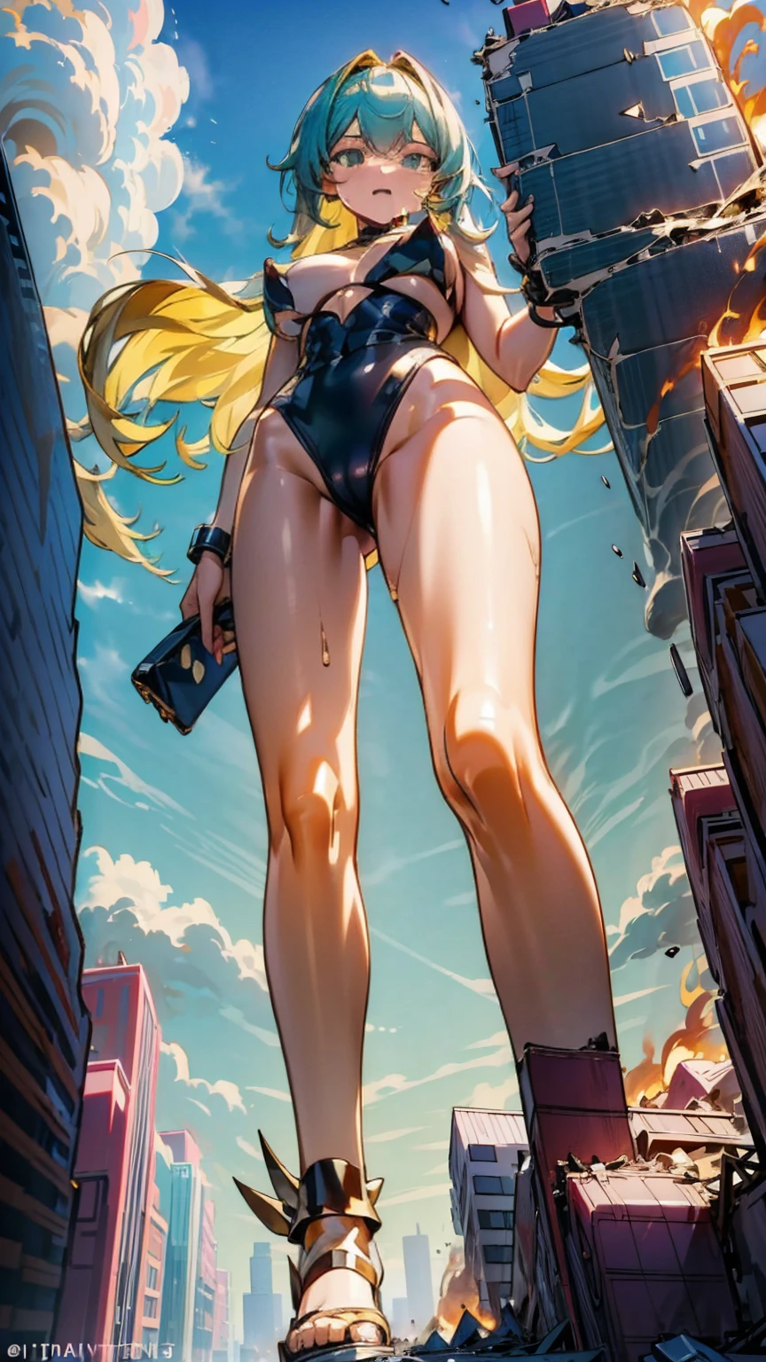 Giantess with small firm tits, long sexy legs, yellow hair and in a bikini walks around destroying the city at her feet, while people run away from her, so as not to be crushed to death. Giantess, goddess, macrophilia, curvaceous body, hentai, fetish, sexy legs, bikini, high heels, high quality