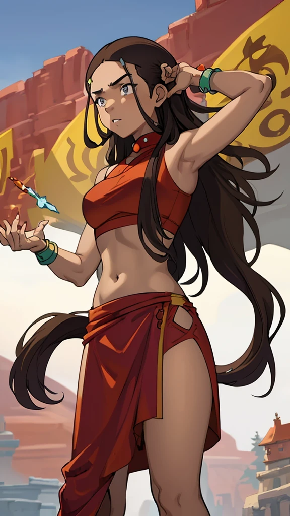 Arabian clothing, belly dancer, red clothes, red veil, holding whip, dancing, black hair, green eyes, cowboy shot, medium breasts, dark skin, ponytail