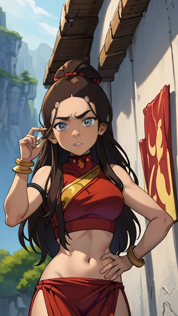 masterpiece, best quality, highres, highest quality, absurdres, kataras3, dark skin, traditional media, (painting \(medium\)), bracelet, long hair, brown hair, crop top, midriff, navel, sharp expressive eyes, perfect face, wide hips, thick lineart, atmospheric lighting, smooth, beautifully detailed riverbank background, cinematic composition, Joe Madureira, red clothing,