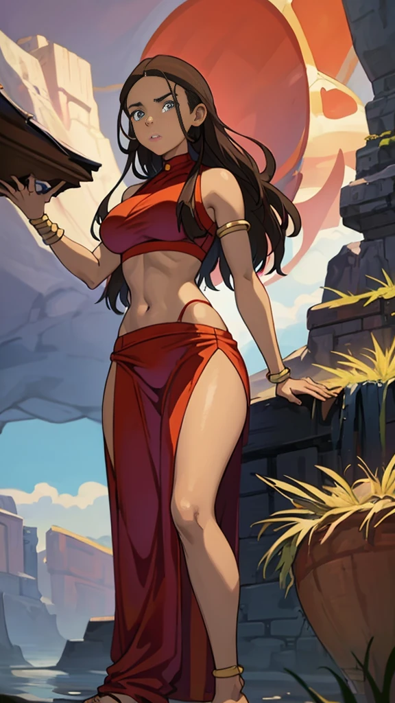 masterpiece, best quality, highres, highest quality, absurdres, kataras3, dark skin, traditional media, (painting \(medium\)), bracelet, long hair, brown hair, crop top, midriff, navel, sharp expressive eyes, perfect face, wide hips, thick lineart, atmospheric lighting, smooth, beautifully detailed riverbank background, cinematic composition, Joe Madureira, red clothing,