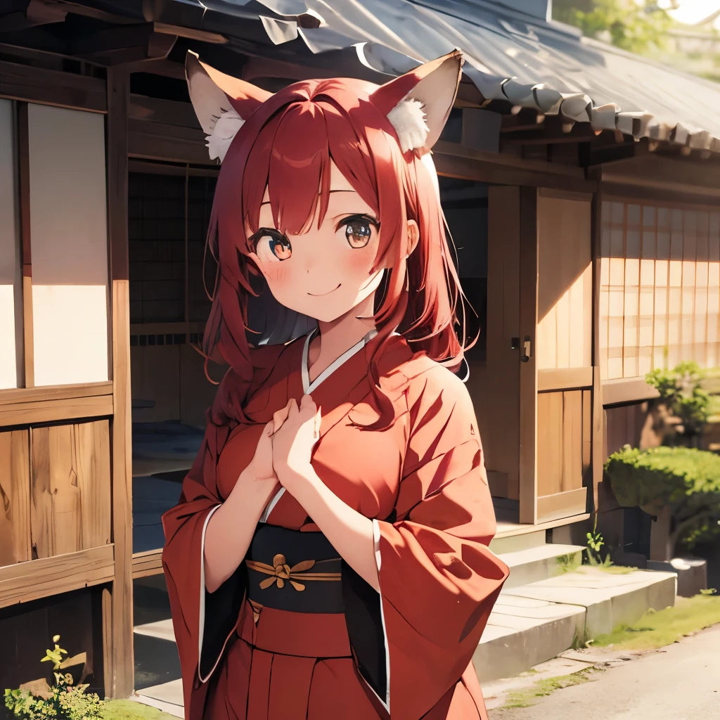 1girl with long ((!red hair))), amber eyes, fox ears, slender body, fox tail, ((red kimono)), sandals, upper body, showing heart by hands, Japanese cottage on background, smiling, cute, a bit blush, smiling