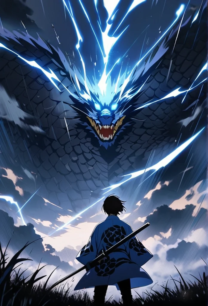 A man with long black hair and a blue kimono is standing in front of me.。Hair fluttering in the wind。A violent lightning strike with a blue glow behind it。rain。grassland。Night Sky。Big thunder。Oriental dragon flying in the sky。storm