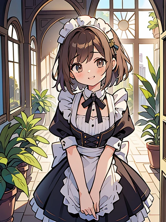 (masterpiece,detailed,Exquisite),1 Girl,(Maid costume:1.3),Brown short hair,Shy laugh,Detailed face,Medium chest,corridor,window,Potted plants,Soft Light