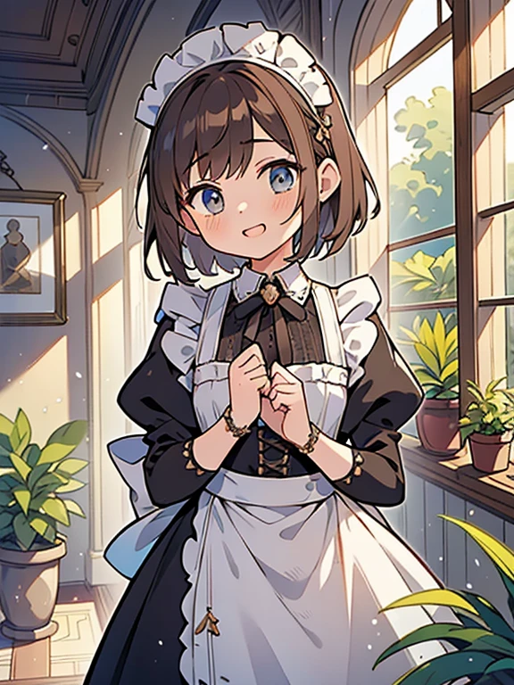 (masterpiece,detailed,Exquisite),1 Girl,(Maid costume:1.3),Brown short hair,Shy laugh,Detailed face,Medium chest,corridor,window,Potted plants,Soft Light
