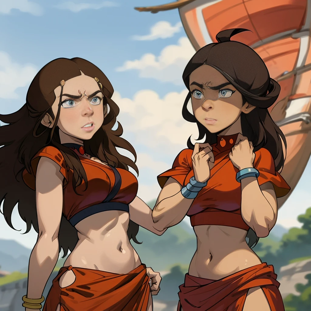 masterpiece, best quality, highres, highest quality, absurdres, kataras3, dark skin, traditional media, (painting \(medium\)), bracelet, long hair, brown hair, crop top, midriff, navel, sharp expressive eyes, perfect face, wide hips, thick lineart, atmospheric lighting, smooth, beautifully detailed riverbank background, cinematic composition, Joe Madureira, red clothing,