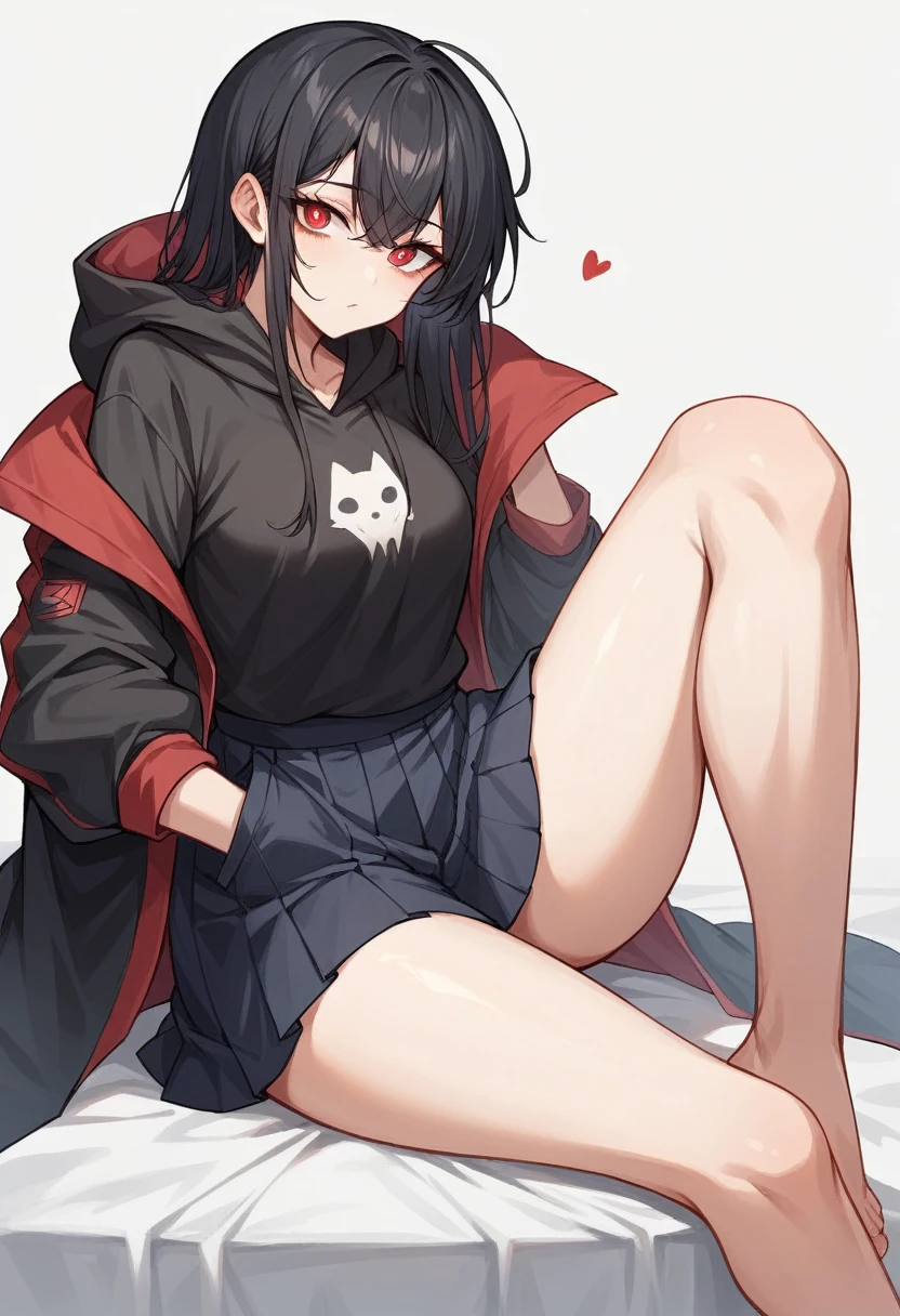 A girl with long black hair is sitting on the bed He is wearing a long coat over a plain black hoodie with a hood Red pupils She is wearing a black pleated skirt tall With bangs Beautiful face Thin legs Smooth, long, straight hair Long and narrow face With waistline Keeping your left hand in your pocket Anime Style hair longer than shoulders