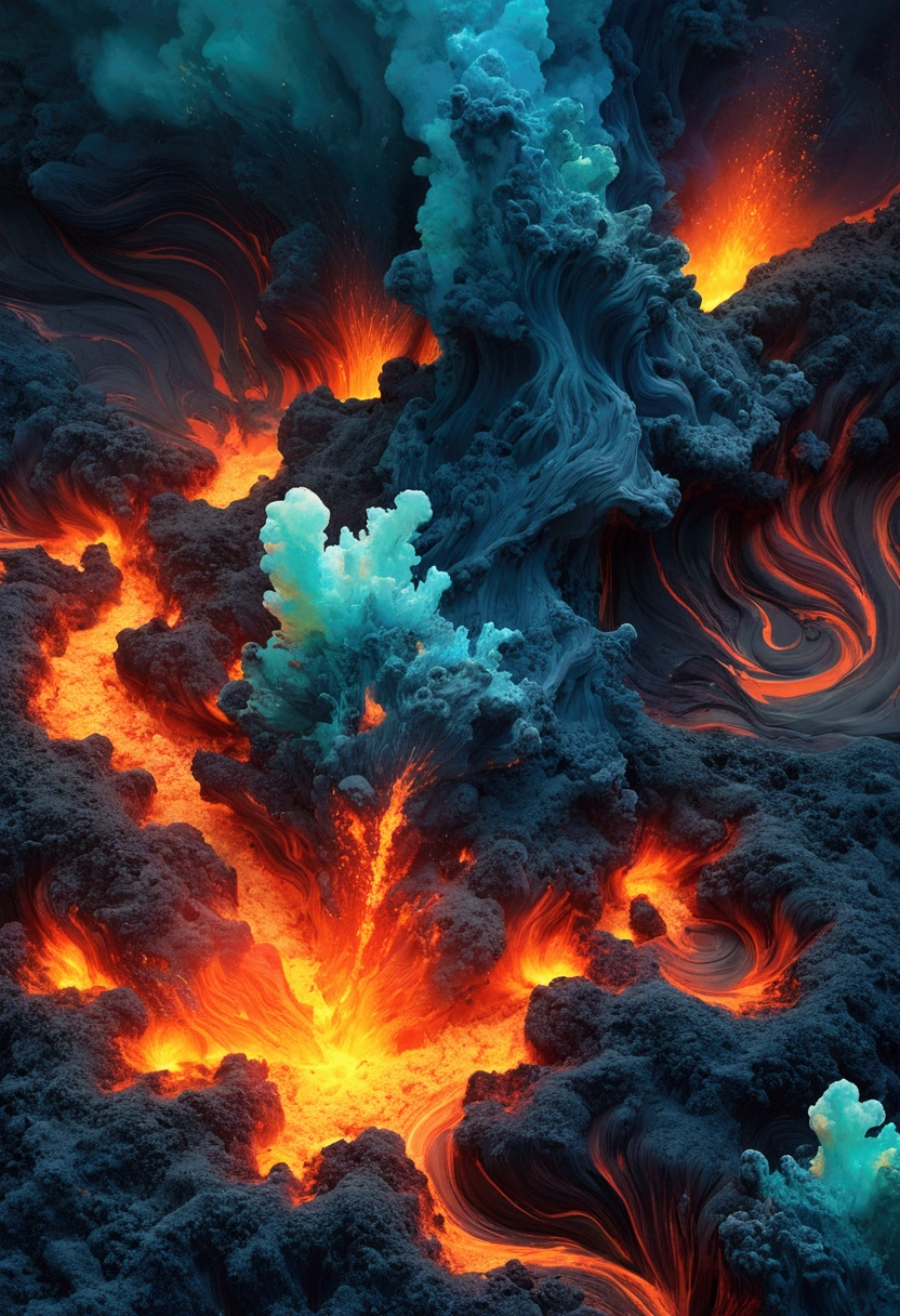 ocean floor,Undersea volcanic eruption,8K resolution, abstract painting symbolize transition from soft cozy feeling into bright explosive feeling