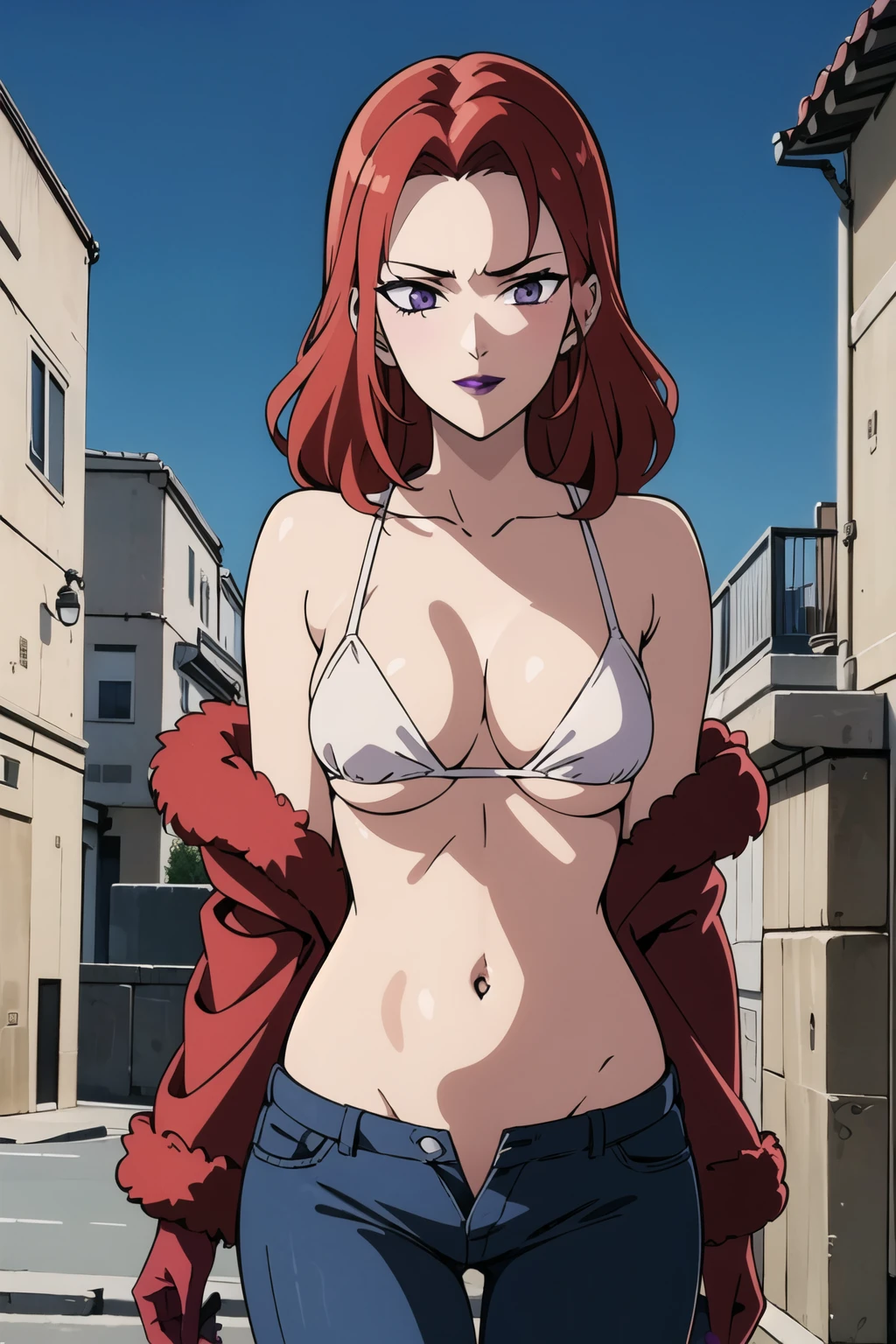 momomi, medium breast, 
mall, shopping center,indoors, blush, lipstick, jewelry, earrings, Hot girl, baddie, mean girl, sensual, attractive, masterpiece,high quality,4k, bare shoulder,belly,crop top,holding
pistol,cleavage,, unbuttoned shirt, knot ,smile, open mouth, (nsfw) not safe for work, evil expression, exposed belly, exposed navel,
exposed midriff, exposed lower belly, crop top overhang, underboob,jacket, unbuttoned jeans , low
rise black jeans, Low rise jeans, Low rise jeans with open fly