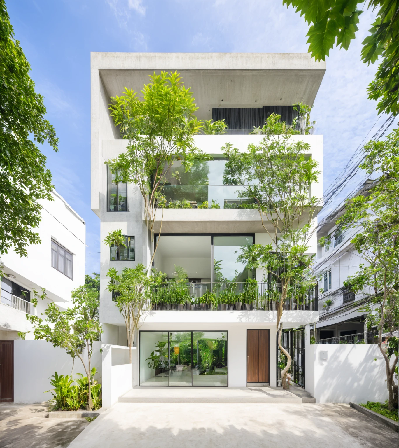 Two-story modern house in Võ Trọng Nghĩa style, concrete facade, large glass windows, green plants on balconies, big entrance door, street with sidewalk, trees, minimalist design