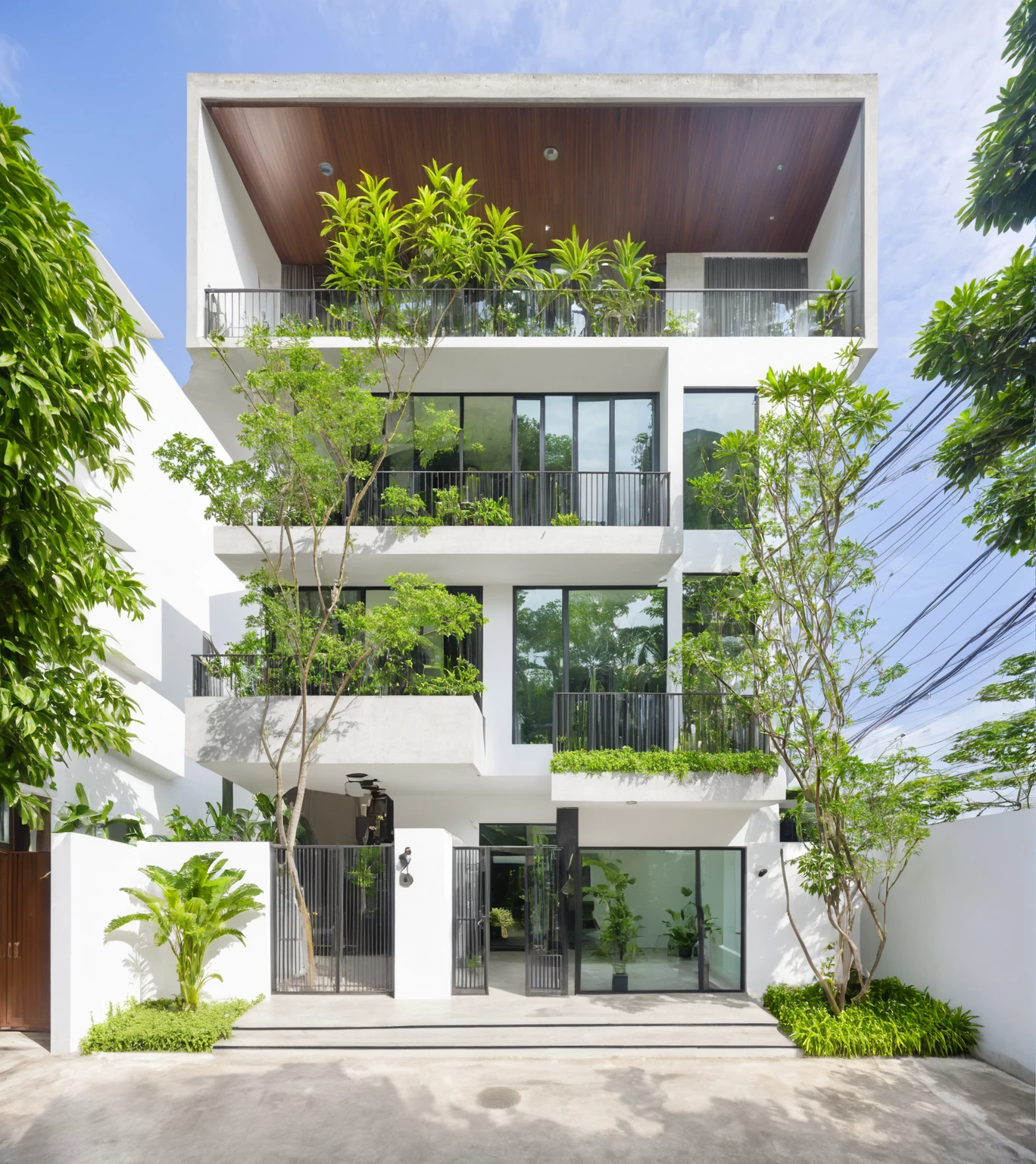 Two-story modern house in Võ Trọng Nghĩa style, concrete facade, large glass windows, green plants on balconies, big entrance door, street with sidewalk, trees, minimalist design