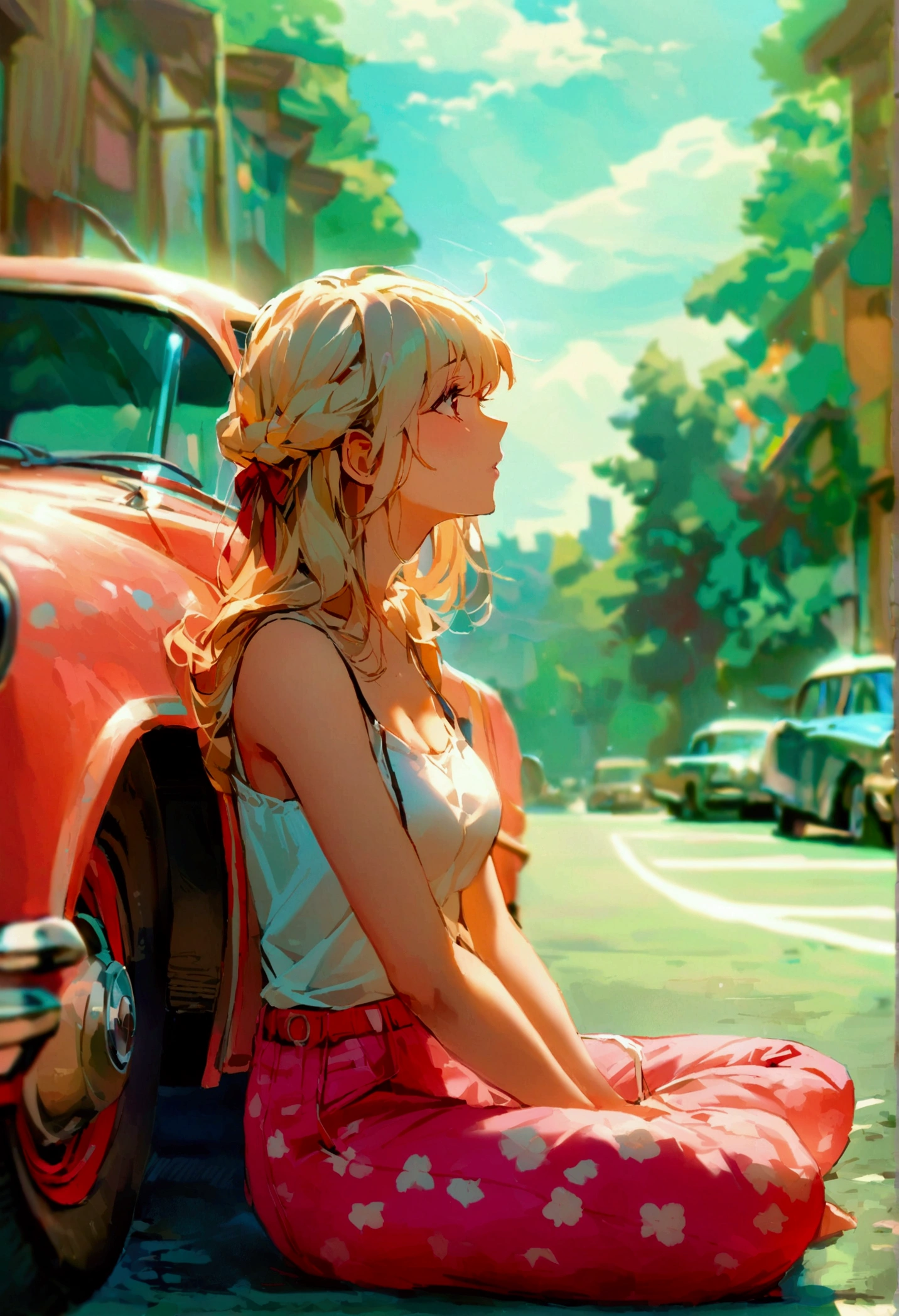 Girl with blonde hair below shoulder length. sitting on the asphalt, Behind her is a retro car. Девушка sitting on the asphalt, Leaning against an old retro car.
The girl is wearing large wide jeans, Big white sneakers with untied laces and a big white hoodie. summer. sunlight.
asphalt. road. 高速road路. Late Night.