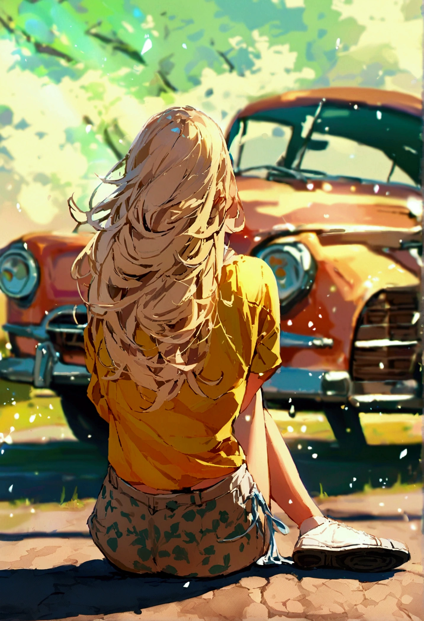 Girl with blonde hair below shoulder length. sitting on the asphalt, Behind her is a retro car. Девушка sitting on the asphalt, Leaning against an old retro car.
The girl is wearing large wide jeans, Big white sneakers with untied laces and a big white hoodie. summer. sunlight.
asphalt. road. 高速road路. Late Night.