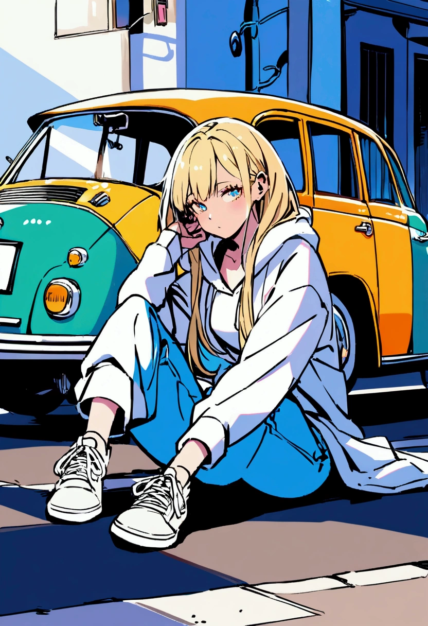 Girl with blonde hair below shoulder length. sitting on the asphalt, Behind her is a retro car. Девушка sitting on the asphalt, Leaning against an old retro car.
The girl is wearing large wide jeans, Big white sneakers with untied laces and a big white hoodie. summer. sunlight.
asphalt. road. 高速road路. Late Night.