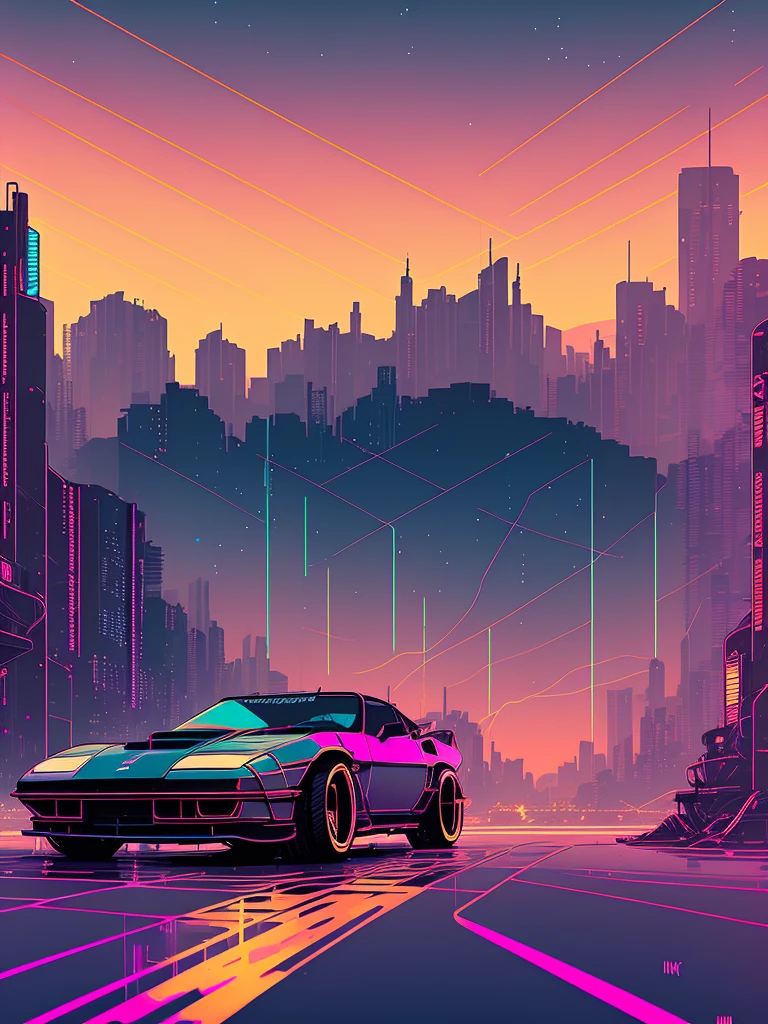 (nvinkpunk:1.2) (snthwve style:0.8) corvette, lightwave, sunset, intricate, highly detailed