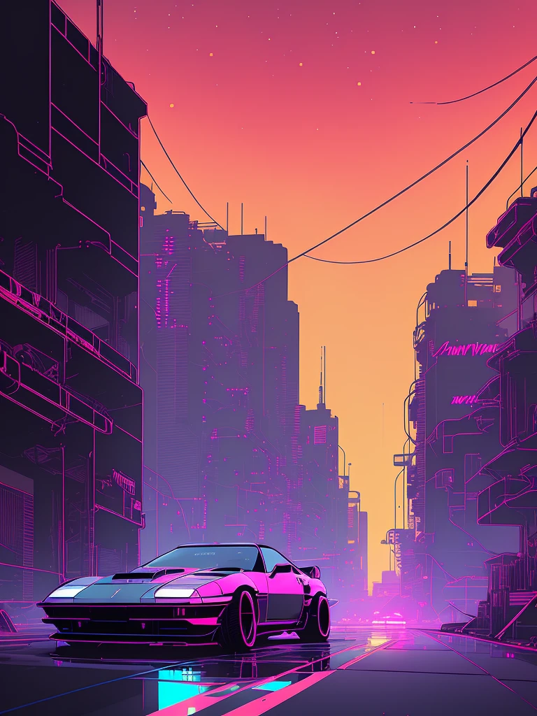 (nvinkpunk:1.2) (snthwve style:0.8) corvette, lightwave, sunset, intricate, highly detailed