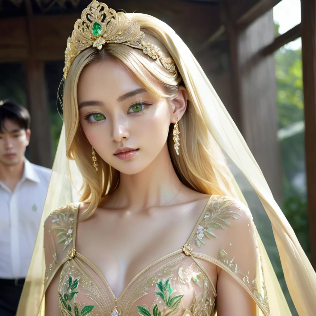 ((Highest quality)), ((masterpiece)), (detailed), (Perfect Face)、The woman was a tiare with green eyes and medium-long blonde hair, and was wearing a luxurious, shiny, gold-colored, long-slit see-through dress with gorgeous embroidery and trim, which allowed her skin to show through, a gold-colored see-through cape, and a gold-colored see-through veil. She was wearing a gorgeous jeweled hair accessory, a jeweled head dress chain, a jeweled waist chain, a gorgeous necklace, bracelets, ankle bracelets, jeweled earrings, and shiny gold boots. She was also wearing an engagement ring.