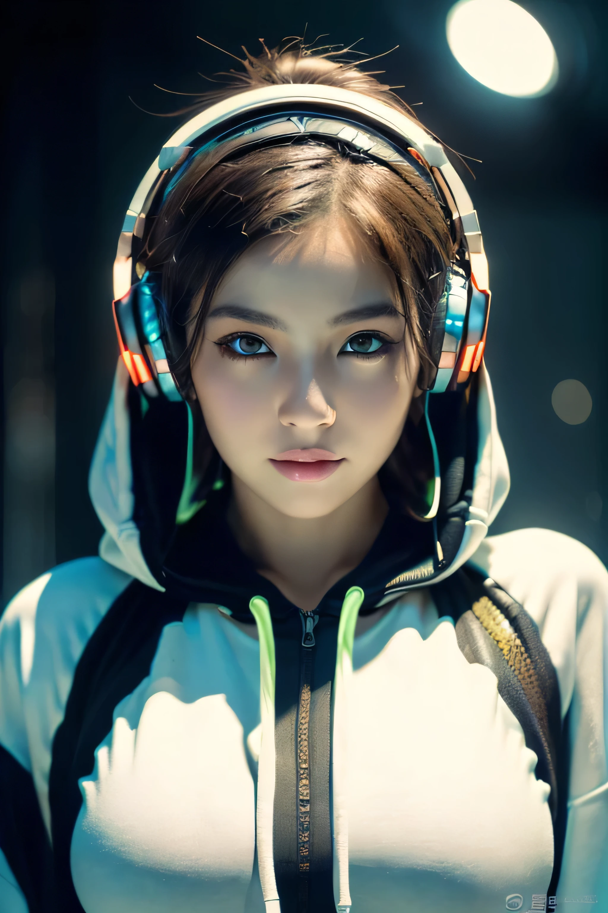(best quality, masterpiece, ultra high definition, High resolution, Very detailed, hd facial, Clear picture, high dynamic range:1.5), (20 year old female:1.3), (The eyes are in visual focus:1.4), (Film photography style:1.5), (Background neon lights, neon color fashion, cyberpunk, wearing a hoodie、Beautiful woman with headphones around her neck:1.5), slim big breasts, huge breasts, short hair, (smooth, highly delicate breasts, shiny skin), Very detailed facial and skin texture, (beautiful eyes, There is light in the eyes, delicate eyes:1.2), clean face, White skin, Very fair skin