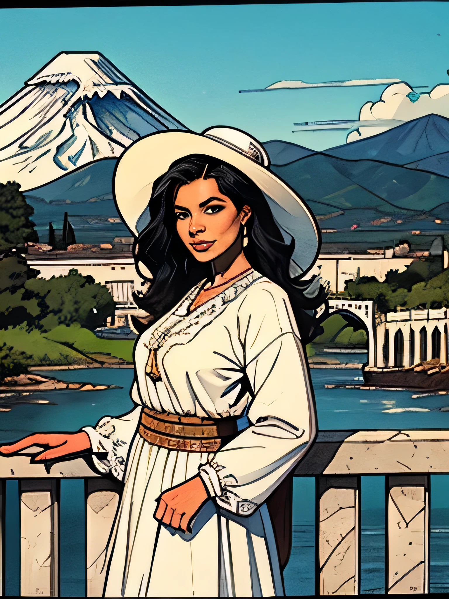 Spanish-American Creole woman with a large white hat and traditional Creole clothing. In the background large old colonial buildings made of white clay, white stone bridges and black railings and a large white volcano in the background
