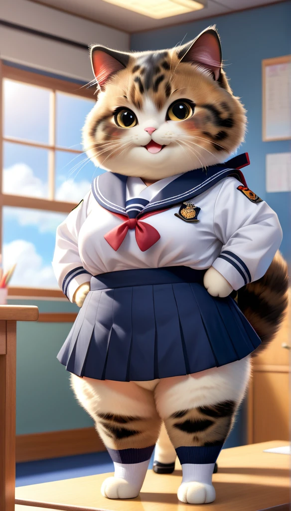 Realistic portrait of clothed animals - ((Chubby)) (Tortoiseshell cat) student,(Furry),(Graceful pose:1.5),(Hands on hips:1.5),(Smiling:1.5),High quality,(),(Adorable),Exquisite detail,Wearing Japanese sailor uniform,(),Highly detailed ((Female sailor uniform)),Highly detailed outfit,Knee socks,(Happy),Soft lighting,(Full body image:2.0),Classroom background,Clouds,Score 9,Score 8_up,Score 7_up,Score 6_up,Score 5_up,Score 4_up,