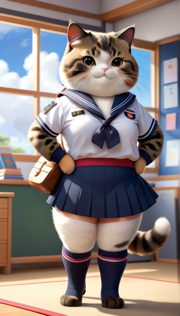 Realistic portrait of clothed animals - ((Chubby)) (Tortoiseshell cat) student,(Furry),(Graceful pose:1.5),(Hands on hips:1.5),(Smiling:1.5),High quality,(),(Adorable),Exquisite detail,Wearing Japanese sailor uniform,(),Highly detailed ((Female sailor uniform)),Highly detailed outfit,Knee socks,(Happy),Soft lighting,(Full body image:2.0),Classroom background,Clouds,Score 9,Score 8_up,Score 7_up,Score 6_up,Score 5_up,Score 4_up,