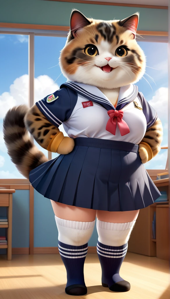 Realistic portrait of clothed animals - ((Chubby)) (Tortoiseshell cat) student,(Furry),(Graceful pose:1.5),(Hands on hips:1.5),(Smiling:1.5),High quality,(),(Adorable),Exquisite detail,Wearing Japanese sailor uniform,(),Highly detailed ((Female sailor uniform)),Highly detailed outfit,Knee socks,(Happy),Soft lighting,(Full body image:2.0),Classroom background,Clouds,Score 9,Score 8_up,Score 7_up,Score 6_up,Score 5_up,Score 4_up,