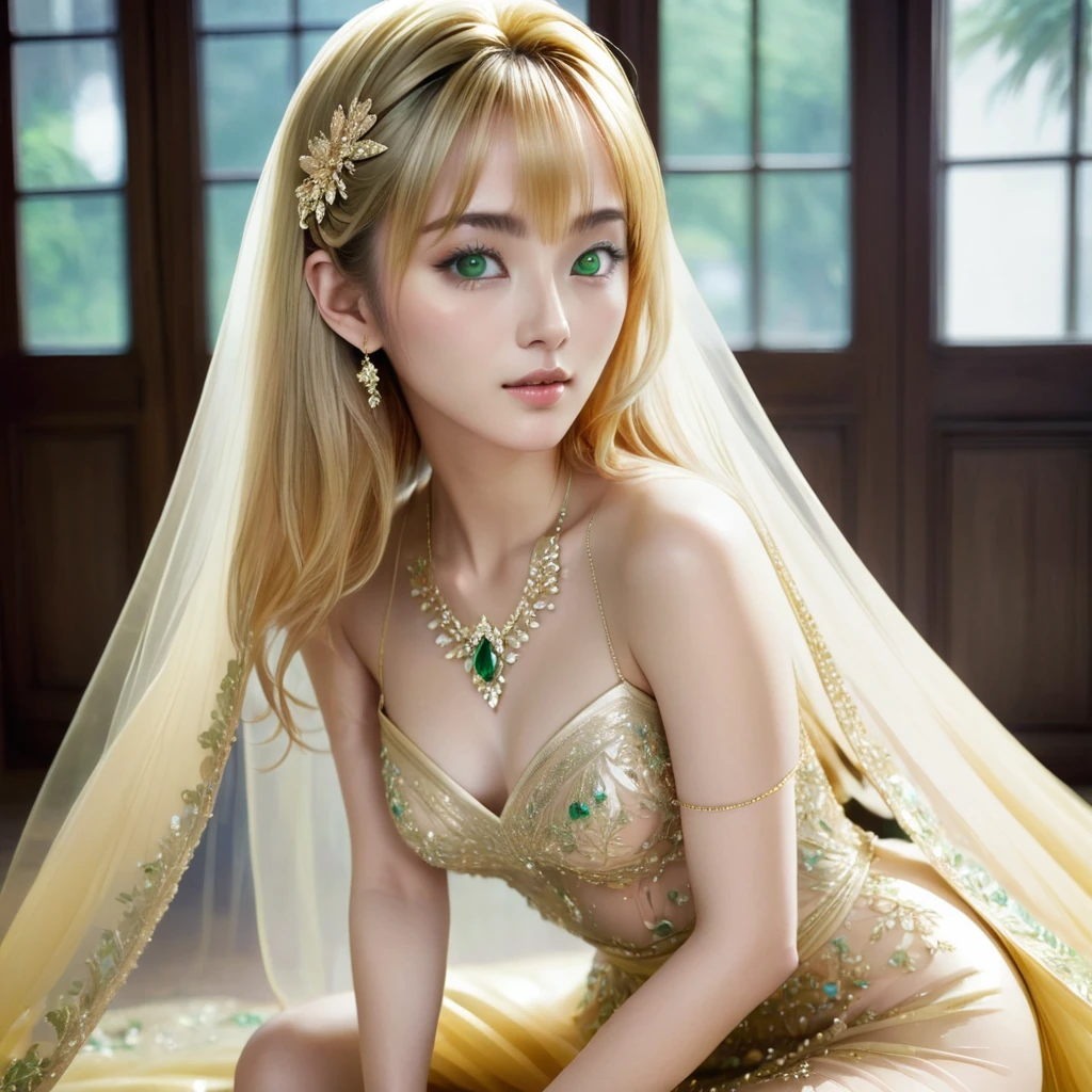 ((Highest quality)), ((masterpiece)), (detailed), (Perfect Face)、The woman was a tiare with green eyes and medium-long blonde hair, and was wearing a luxurious, shiny, gold-colored, long-slit see-through dress with gorgeous embroidery and trim, which allowed her skin to show through, a gold-colored see-through cape, and a gold-colored see-through veil. She was wearing a gorgeous jeweled hair accessory, a jeweled head dress chain, a jeweled waist chain, a gorgeous necklace, bracelets, ankle bracelets, jeweled earrings, and shiny gold boots. She was also wearing an engagement ring.