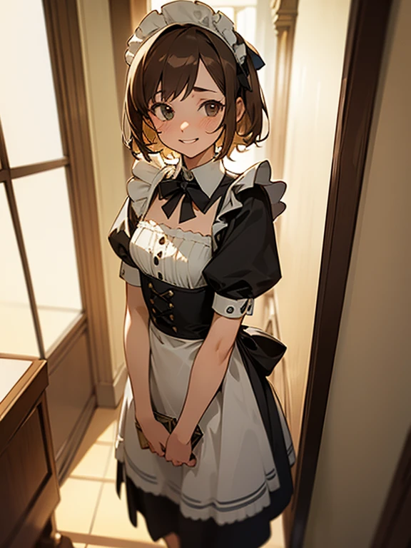 (masterpiece,detailed,Exquisite),1 Girl,(Maid costume:1.3),Brown short hair,Shy laugh,Detailed face,Medium chest,corridor,window,Potted plants,Soft Light
