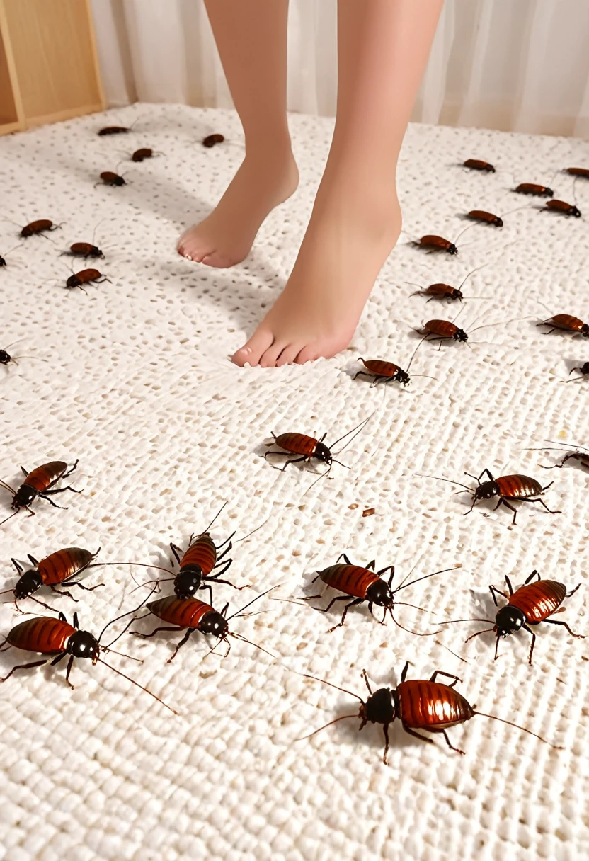 (High-quality depiction+Detailed Description)、(Stepping on cockroaches)、(There are lots of dead bedbugs on the floor,cadaver)、(Beautiful girl standing+Stomping on a bedbug)(Crushed Bed Bugs)