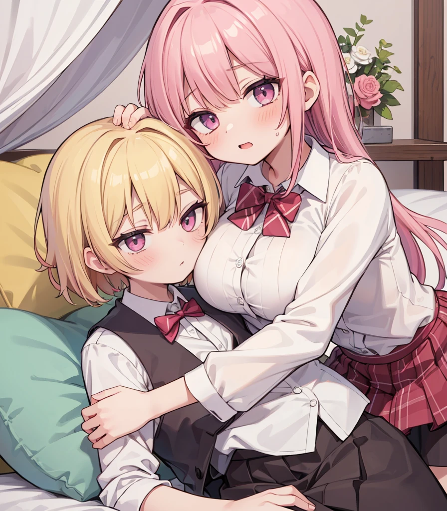 masterpiece, Highest quality, so beautiful, absurdists,High resolution,One girl, One boy,Cuddling in bed, like,sexly,Look at each one, blush,Age difference,bow tie,blondes,chest,Long Hair,Pink Hair,Tucked in shirt,short hair,skirt,Tent shirt,Slut,Big breasted sister and brother,Siblings, trousers,Pushing her big tits against her brother,(My brother's small erect penis),((((姉のvery huge breasts,Sister crushes her big tits in her brother's face)))),(((((Very huge breasts))))),(((((small penis,NSFW,Soft Very HUGE breasts))))),((Bursting Breasts,弟の顔を隠すHuge breasts)),((((((((Huge breasts,Large Breasts,とてもLarge Breasts、すごくLarge Breasts、とてつもなくLarge Breasts)))))))),Two people gazing at each other,puffy nipples,(Face crushed by boobs,Huge breastsを弟の体に乗せる,Covering her mouth with her ,Breasts covering the face)),((huge breasts))