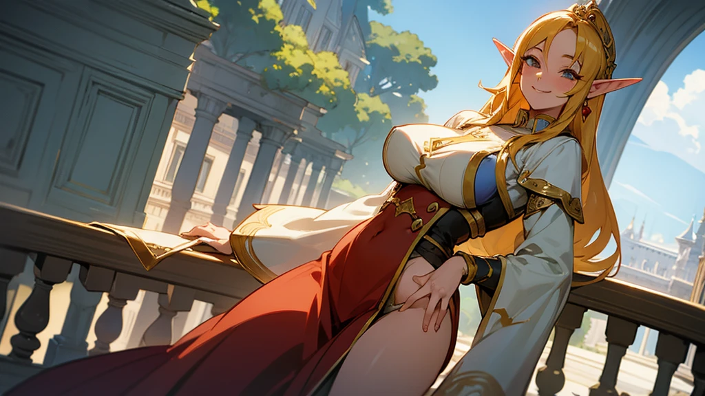 Anime Style,A detailed background with many people,Magical World,People on the balcony,Smiling Bard Elf,Mature Woman,Large Breasts,Protruding buttocks