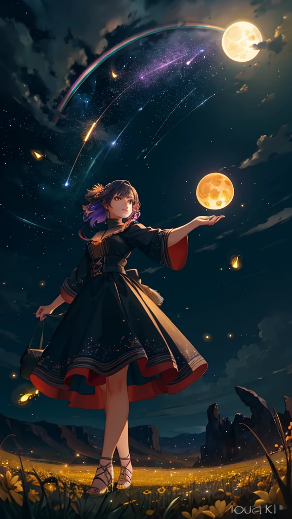 expansive landscape photograph , (a view from below that shows sky above and open field below), a girl standing on flower field looking up, (full moon:1.2), ( shooting stars:0.9), (nebula:1.3), distant mountain, tree BREAK production art, (warm light source:1.2), (Firefly:1.2), lamp, lot of purple and orange, intricate details, volumetric lighting BREAK (masterpiece:1.2), (best quality), 4k, ultra-detailed, (dynamic composition:1.4), highly detailed, colorful details,( iridescent colors:1.2), (glowing lighting, atmospheric lighting), dreamy, magical, (solo:1.2)