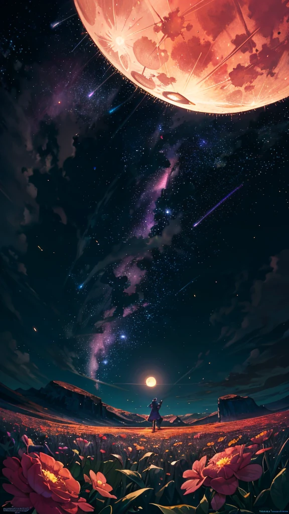 Vast landscape photo, (viewed from below, the sky is above and the open field is below), a girl standing on a flower field looking up, (full moon: 1.2), (meteor: 0.9), (nebula: 1.3), distant mountains , Trees BREAK Crafting Art, (Warm Light: 1.2), (Fireflies: 1.2), Lights, Lots of Purple and Orange, Intricate Details, Volumetric Lighting, Realism BREAK (Masterpiece: 1.2), (Best Quality), 4k, Ultra-Detailed, (Dynamic Composition: 1.4), Very Detailed, Colorful Details, (Rainbow Colors: 1.2), (Glow Lighting, Atmospheric Lighting), Dreamy, Magical, (Solo: 1.2)