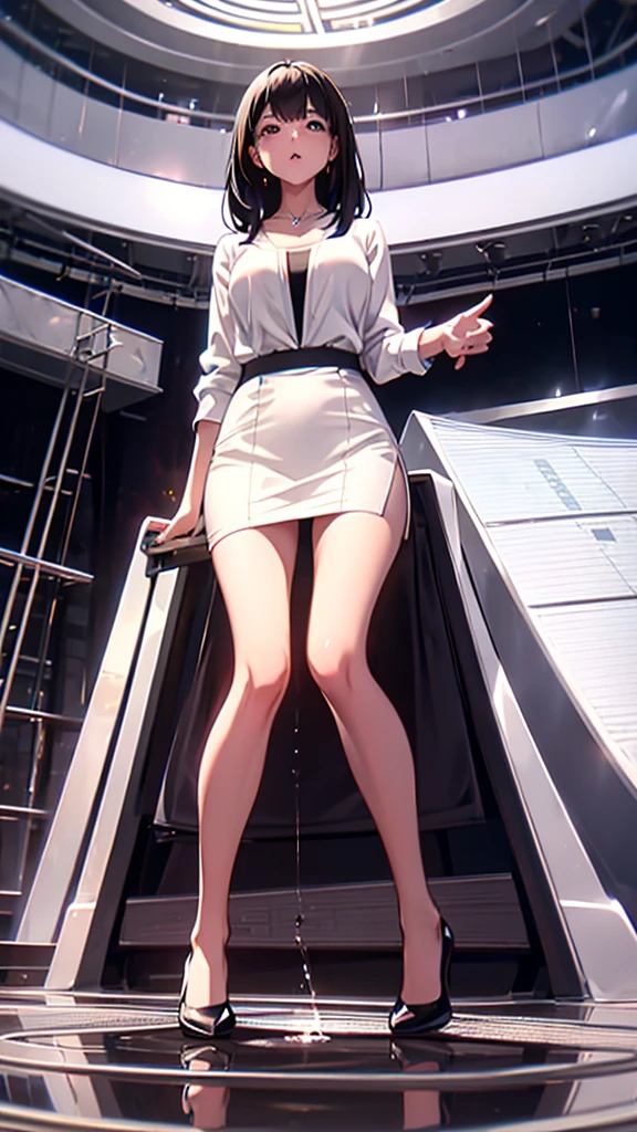 skirtlift,Black Hair,suit,White blouse,Pencil Skirt,Cleavage,From below,On all fours:1.5 News Programs,studio,Live Broadcast,Open your legs as wide as you can,M-shaped legs,orgasm