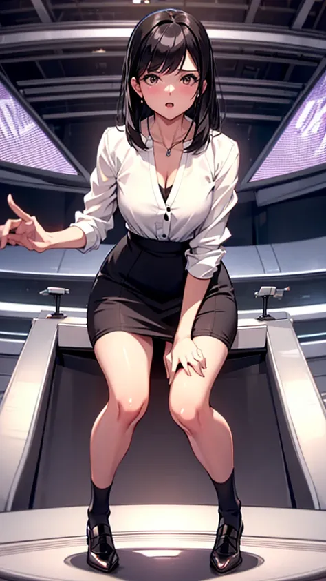 skirtlift,black hair,suit,white blouse,pencil skirt,cleavage,from below,on all fours:1.5 news programs,studio,live broadcast,ope...