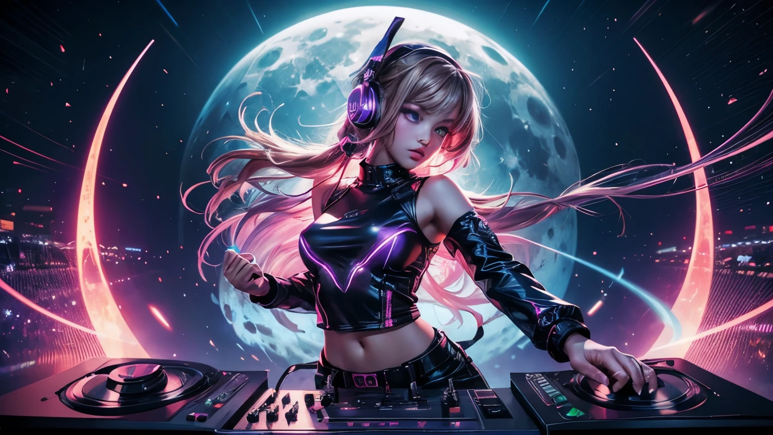 ((Highest quality)), (High detail), (Official Art), (One girl), DJ mixing records, (Good vibes), LED Headphones, (High Energy), Music Festival), (Artist), Musical notes in the air, (Action pose), Vibrating Beats, Neon amber eyes, Full Moon Dance , High resolution, 4K, 3d
