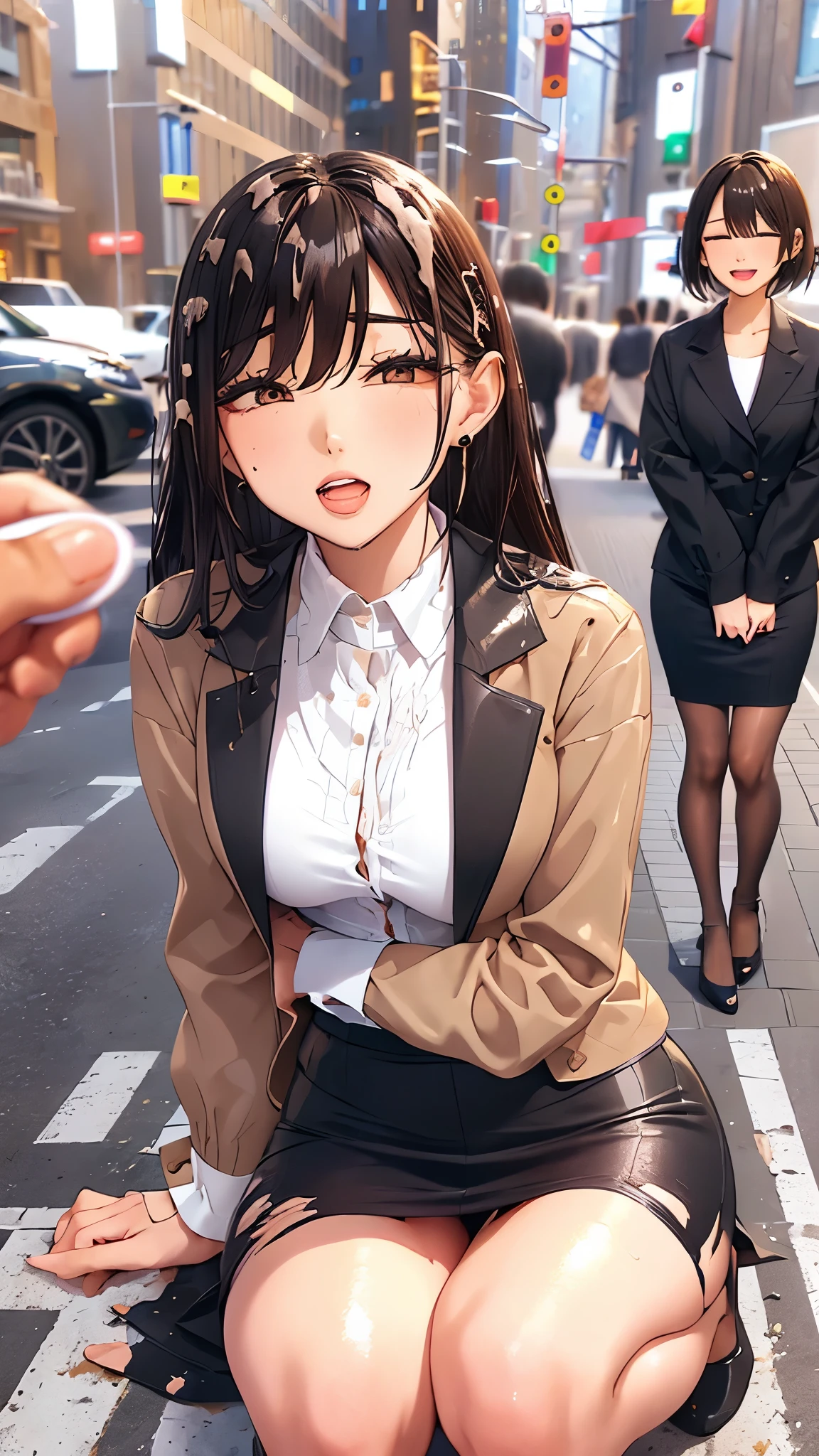 /quality
(masterpiece,best quality,High resolution,高quality,Realistic)

/HairstylesStraight Hair

/Clothes
(Pencil Skirt,Job interview suit,blouse,Jacket,Torn pantyhose:1.5,Earrings)

/Pose Crouching,sit
Leaning against a wall,
Spread your legs:1.5

(Ahegao,orgasm,vapor:1.5,Wish:1.5),

/Other Crowds:1.5,Fair skin,Feet Focus,Leaning against a wall,male,hand of:1.5,night, roadside,ID card,White chocolate:1.5