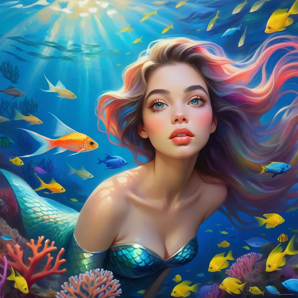 cute 20 year old mermaid with blue hair dancing with fishes in the ocean below the surface enjoying the sunlight, sun is shining, beautiful mermaid, beautiful detailed human face, red lips, alluring eyes, elaborated mermaid tail, serene, masterpiece, full body shot, highres, high resolution, high quality, intricate details, extremely detailed, incredible details, full colored, complex details, insanely detailed and intricate, extremely detailed with rich colors. masterpiece, best quality, HDR, UHD, unreal engine, High quality, gorgeous, glamorous, 8k, super detail, gorgeous light and shadow, detailed decoration, detailed lines, glittery, fantasy, pretty colors, anime style
