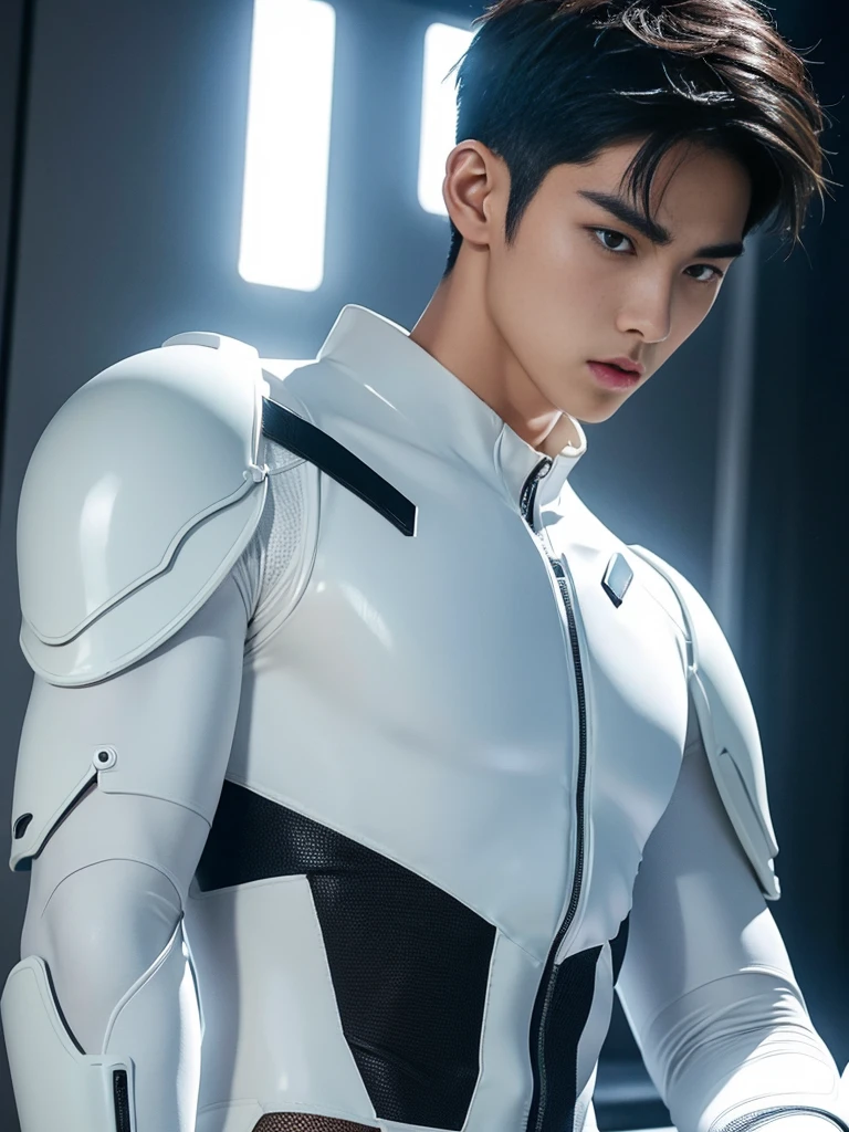 Japanese Male Model Cool 20 year old Short black hair slim and muscular intense Bright screen Close-up image Very tight white rubber suit Hero whole body, sexy
