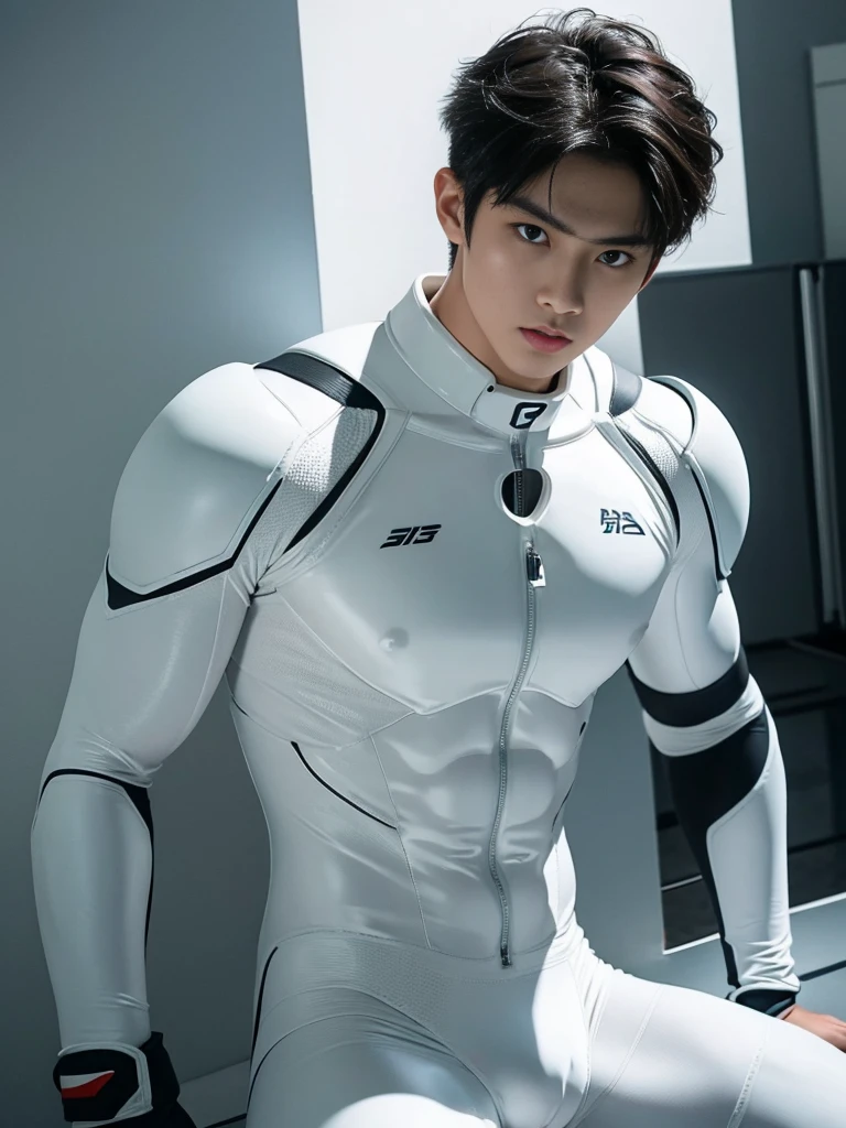 Japanese Male Model Cool 20 year old Short black hair slim and muscular intense Bright screen Close-up image Very tight white rubber suit Hero whole body, sexy