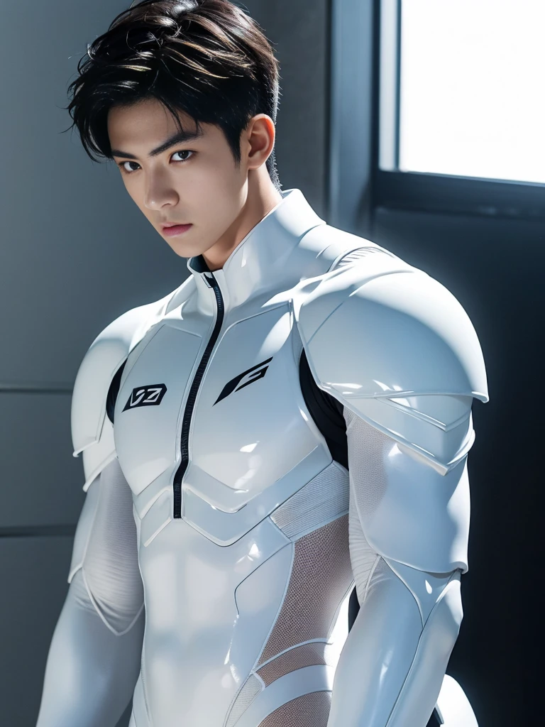 Japanese Male Model　Cool 20 year old　Short black hair　slim and muscular　intense　Bright screen　Close-up image　Very tight white rubber suit　Hero　whole body, sexy