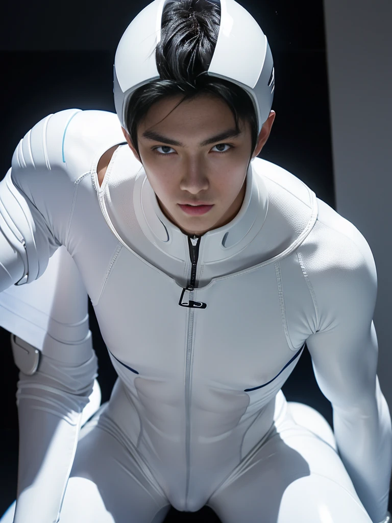 Japanese Male Model　Cool 20 year old　Short black hair　slim and muscular　intense　Bright screen　Close-up image　Very tight white rubber suit　Hero　whole body, sexy