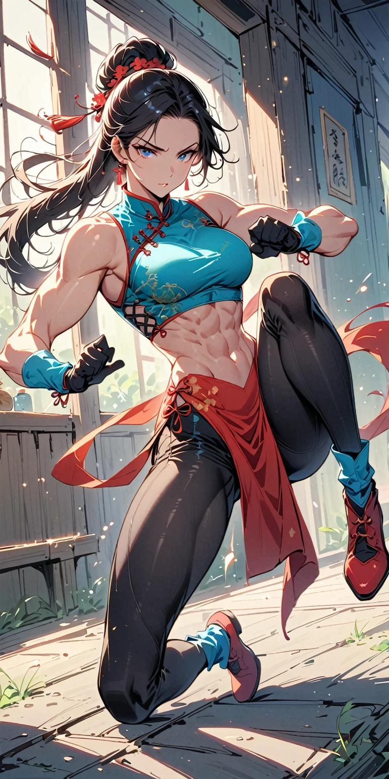 beautiful muscular woman and doing a knee strike, six pack, no men in background , Chinese dress crop top, and leggings,wearing long gloves, full body portrait