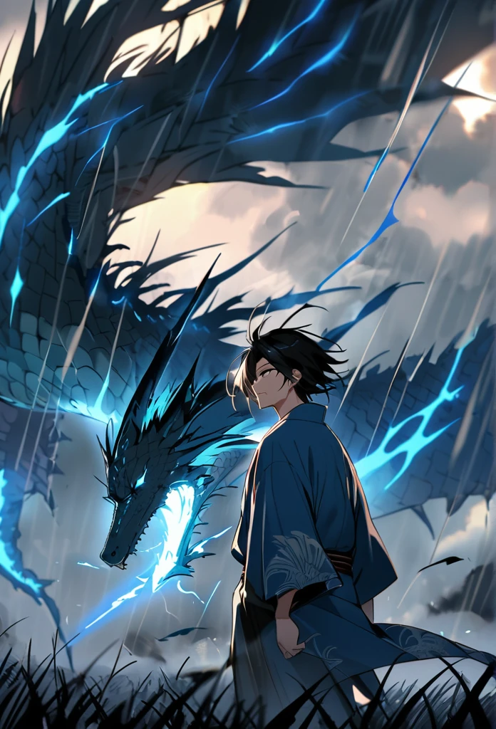 A man with long black hair and a blue kimono is standing in front of me.。Hair fluttering in the wind。A violent lightning strike with a blue glow behind it。rain。grassland。Night Sky。Big thunder。Oriental dragon flying in the sky。storm