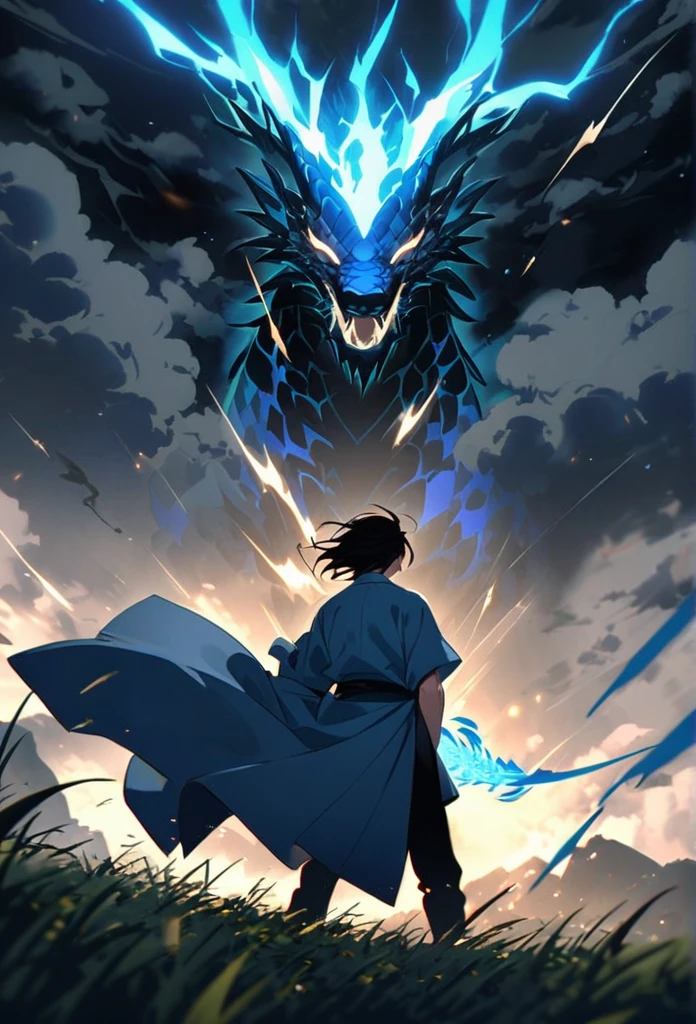 A man with long black hair and a blue kimono is standing in front of me.。Hair fluttering in the wind。A violent lightning strike with a blue glow behind it。rain。grassland。Night Sky。Big thunder。Oriental dragon flying in the sky。storm