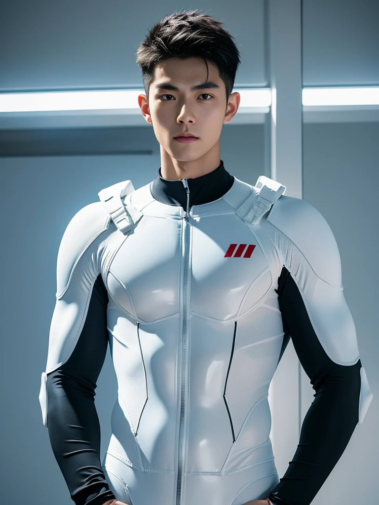 Japanese Male Model Cool 20 year old Short black hair slim and muscular intense Bright screen Close-up image Very tight white rubber suit Hero whole body, sexy