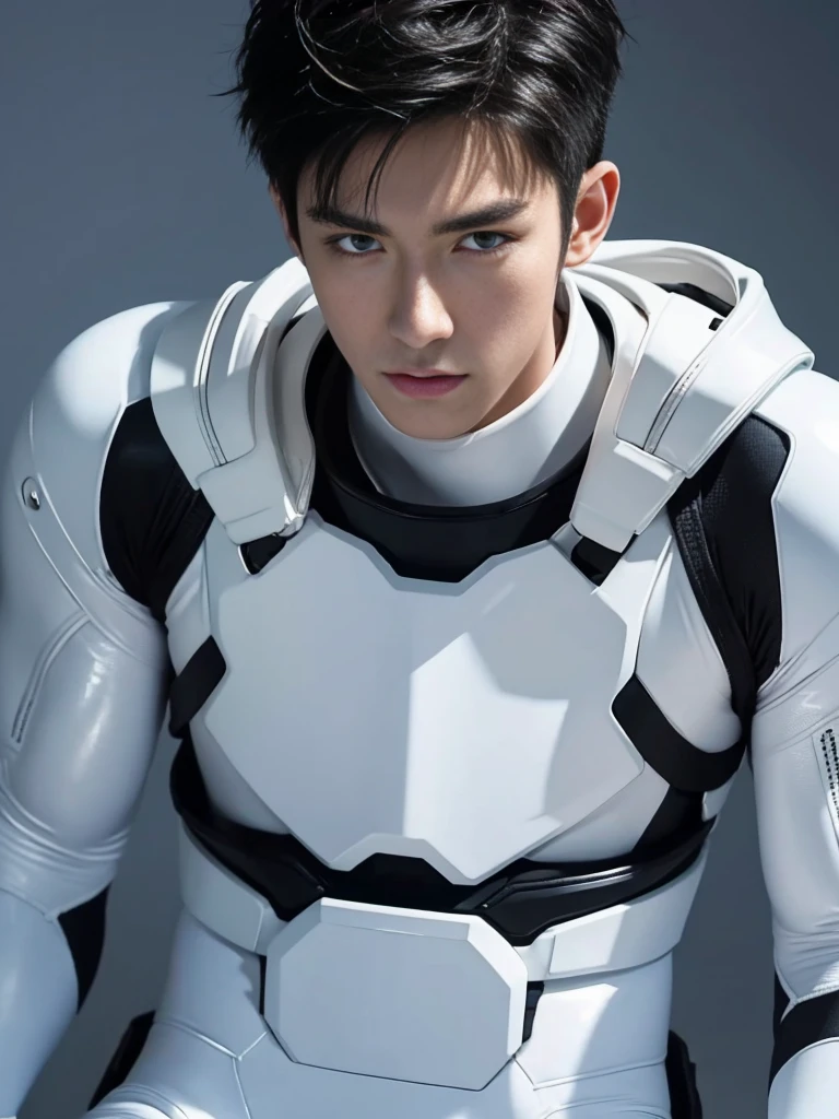 Japanese Male Model Cool 20 year old Short black hair slim and muscular intense Bright screen Close-up image Very tight white rubber suit Hero whole body, sexy