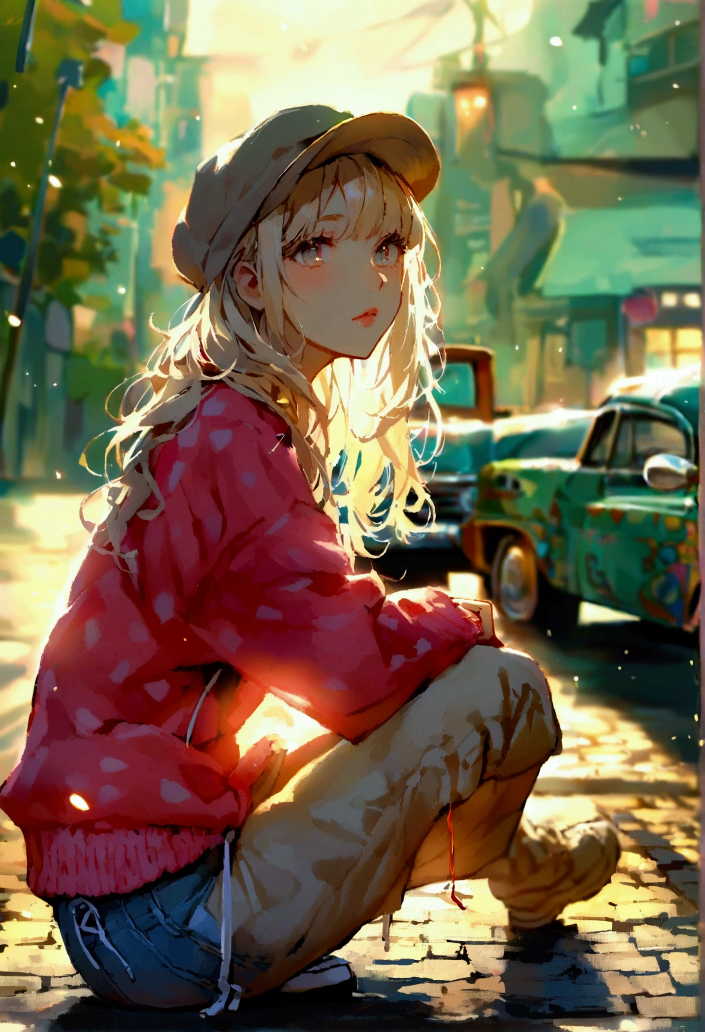 Girl with blonde hair below shoulder length. sitting on the asphalt, Behind her is a retro car. Девушка sitting on the asphalt, Leaning against an old retro car.
The girl is wearing large wide jeans, Big white sneakers with untied laces and a big white hoodie.
asphalt. road. 高速road路. Late Night.
