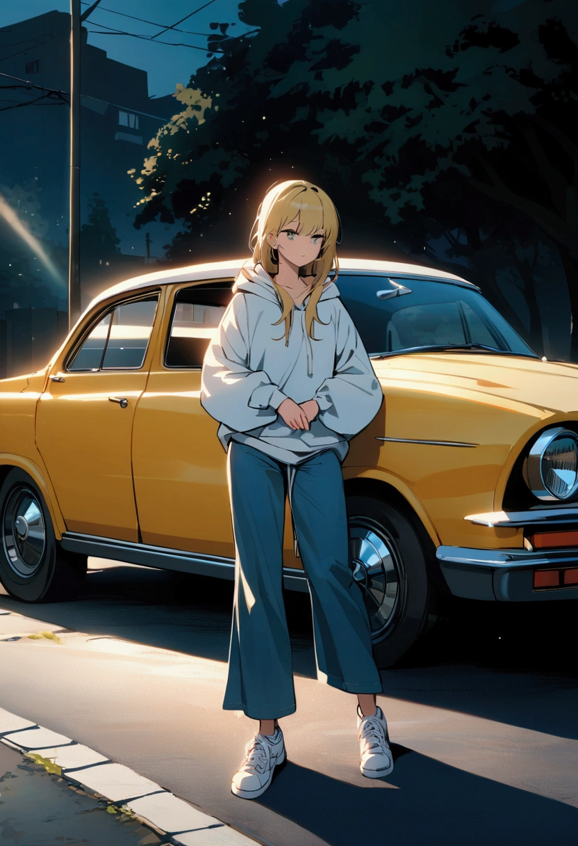 Girl with blonde hair below shoulder length. sitting on the asphalt, Behind her is a retro car. Девушка sitting on the asphalt, Leaning against an old retro car.
The girl is wearing large wide jeans, Big white sneakers with untied laces and a big white hoodie.
asphalt. road. 高速road路. Late Night.