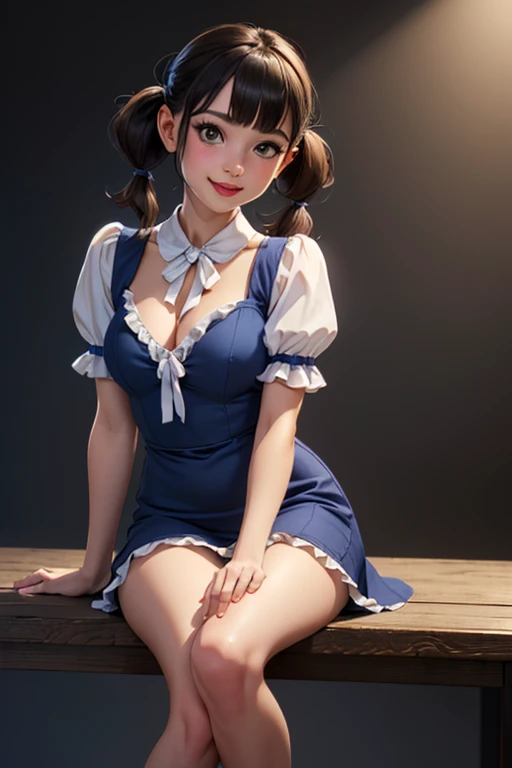 wide shot, ((best quality)), ((highly detailed)), masterpiece, (detailed eyes, deep eyes), (1girl), dynamic angle, cowboy shot,Lucy, woman, smile, ((short black hair )), ((brown eyes)),firm breasts, realistic proportions,lipstick, subtly visible breasts, day lighting, ((petite body)), ((short royal blue collared 1950's a-line dress, ruffled hem)), sitting on table, high heels, short dress, puffy sleeves, short ((low tied pigtails)),, 50's style bangs, german woman