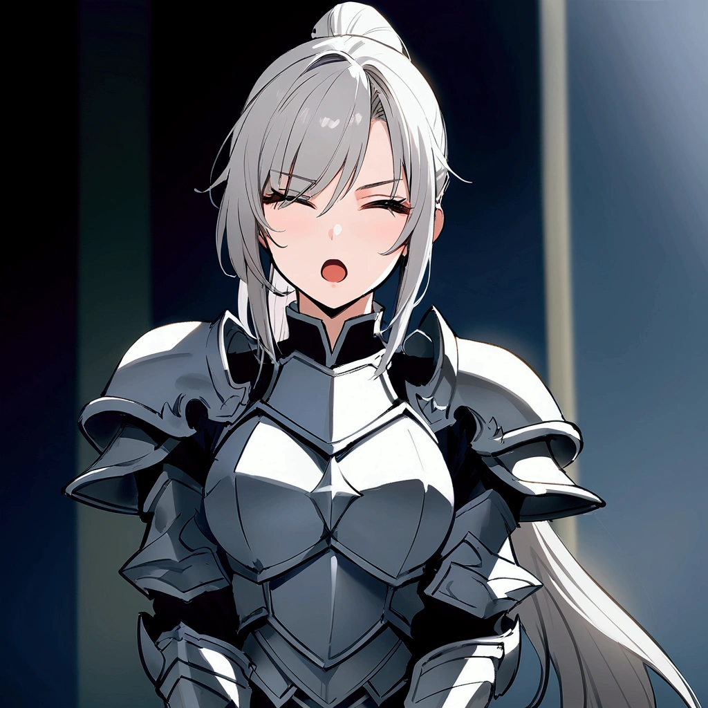Beautiful girl knight in armor, Gray Hair, fantastic, Face your body forward like a certificate photo, shoot from front, Ponytail, Armor Girl, beautiful female knight, Female Paladin, upper body shot, drawing both arms, closed eyes